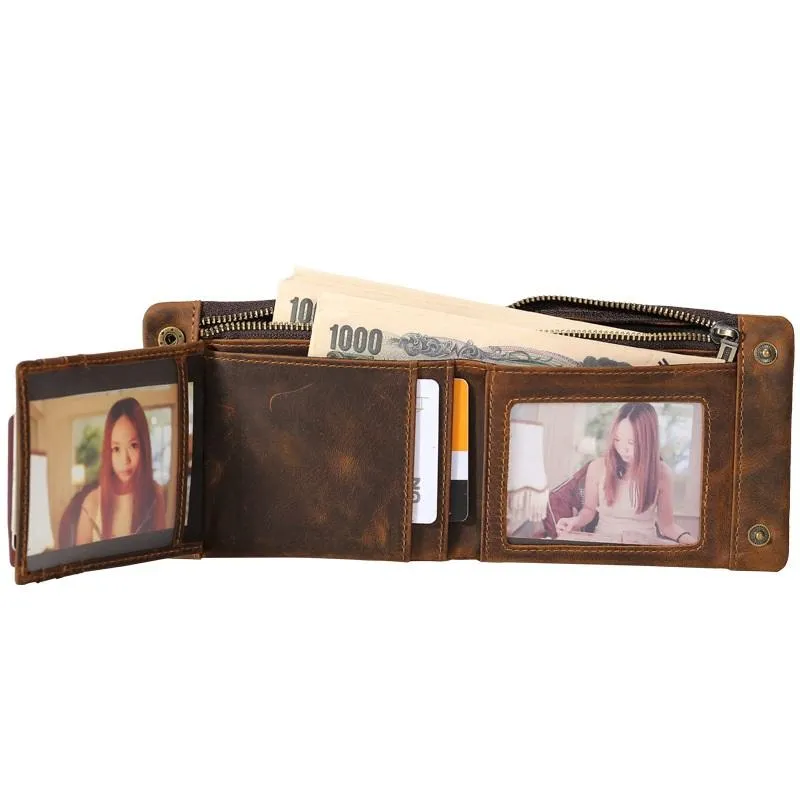Dark Brown Small MENS LEATHER Brown Trifold Wallet SLIM billfold Brown Wallet FOR MEN