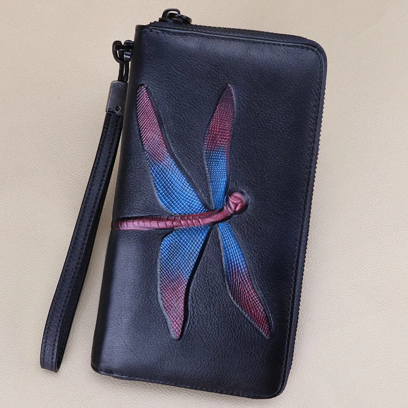 Dragonfly Blue Leather Wristlet Wallets Womens Zip Around Wallet Ladies Zipper Clutch Wallets for Women