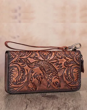 Floral Carp Brown Leather Wristlet Wallets Womens Zip Around Wallet Floral Ladies Zipper Clutch Wallets for Women