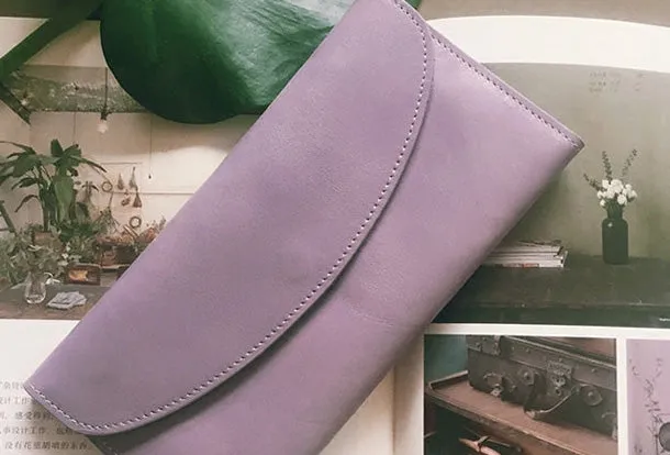 Genuine Leather Cute Long Slim Wallet Trifold Clutch Passport Wallet Purse For Women Girl