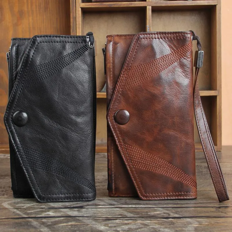 Genuine Leather Mens Cool Biker Chain Wallet Long Leather Wallet Slim Clutch Wristlet Wallet for Men