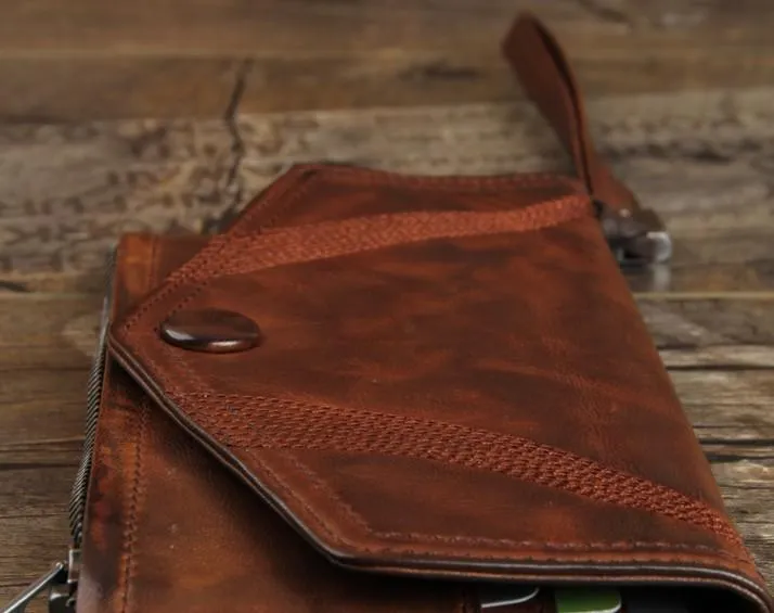 Genuine Leather Mens Cool Biker Chain Wallet Long Leather Wallet Slim Clutch Wristlet Wallet for Men