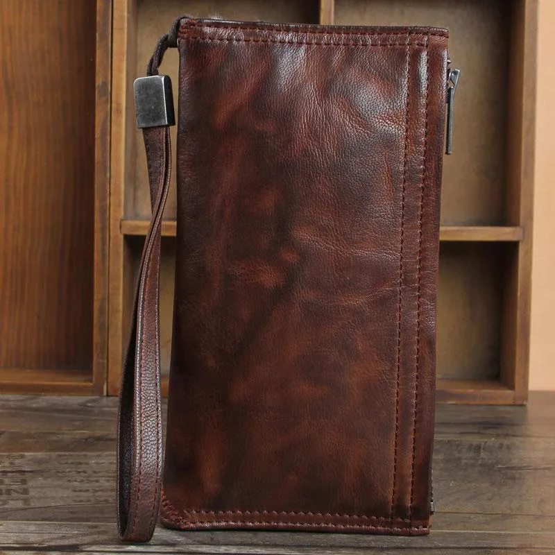 Genuine Leather Mens Cool Biker Chain Wallet Long Leather Wallet Slim Clutch Wristlet Wallet for Men
