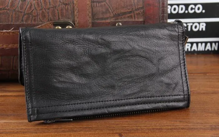 Genuine Leather Mens Cool Biker Chain Wallet Long Leather Wallet Slim Clutch Wristlet Wallet for Men