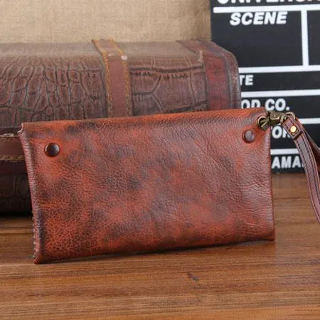Genuine Leather Mens Cool Biker Chain Wallet Long Leather Wallet Slim Clutch Wristlet Wallet for Men