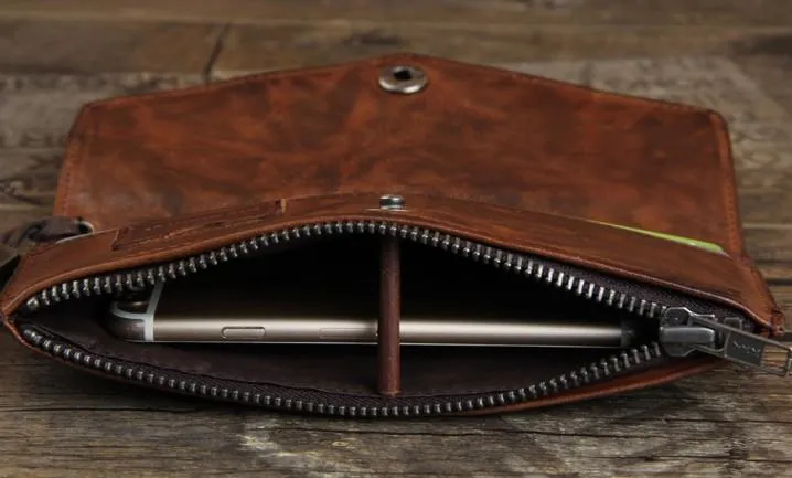 Genuine Leather Mens Cool Biker Chain Wallet Long Leather Wallet Slim Clutch Wristlet Wallet for Men