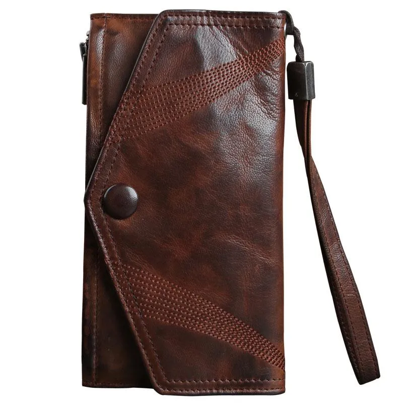 Genuine Leather Mens Cool Biker Chain Wallet Long Leather Wallet Slim Clutch Wristlet Wallet for Men