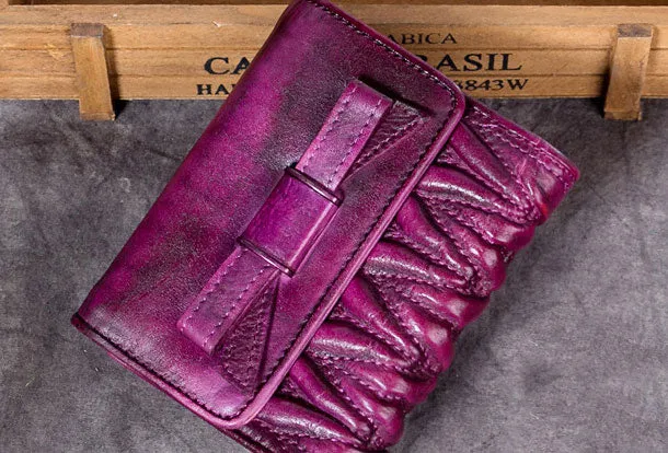 Genuine Leather Wallet Folded billfold Wallet Vintage Bowknot Wallet Purse Cute Gift For Women