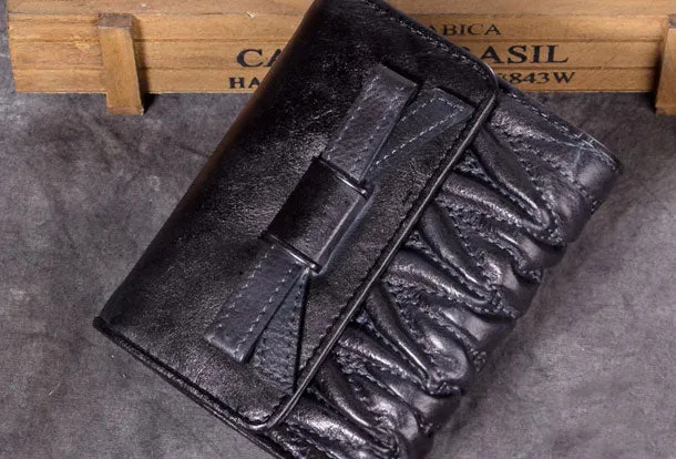Genuine Leather Wallet Folded billfold Wallet Vintage Bowknot Wallet Purse Cute Gift For Women