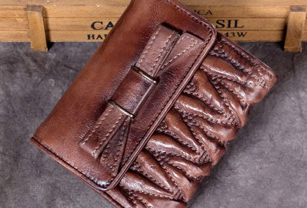 Genuine Leather Wallet Folded billfold Wallet Vintage Bowknot Wallet Purse Cute Gift For Women