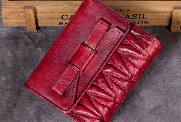 Genuine Leather Wallet Folded billfold Wallet Vintage Bowknot Wallet Purse Cute Gift For Women