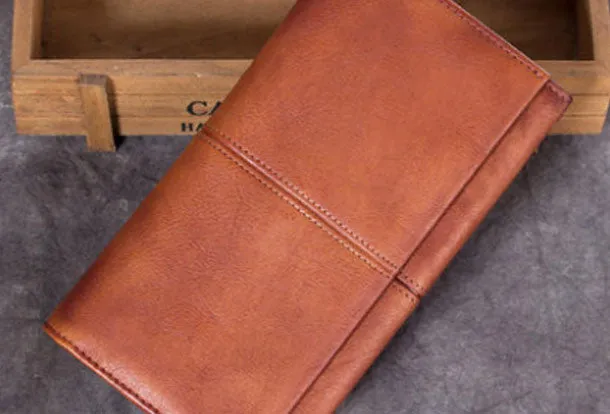 Genuine Leather Wallet Folded Long Wallet Vintage Tooling Wallet Purse For Men Women