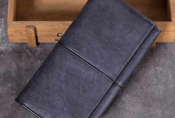 Genuine Leather Wallet Folded Long Wallet Vintage Tooling Wallet Purse For Men Women