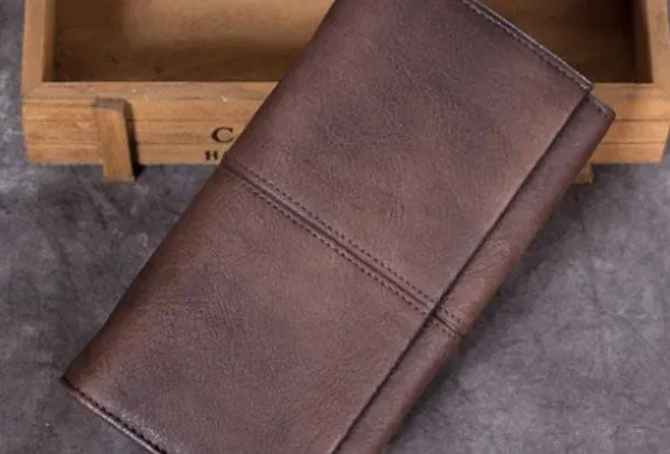 Genuine Leather Wallet Folded Long Wallet Vintage Tooling Wallet Purse For Men Women