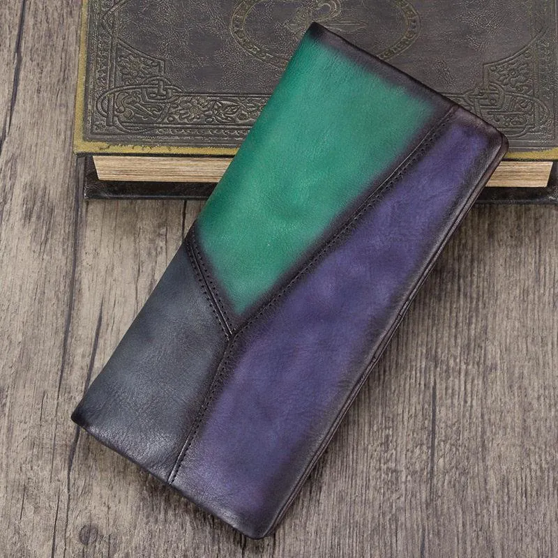 Geometric Womens Leather Long Clutch Wallet Long Wallet Colorful Bifold Long Purse for Ladies