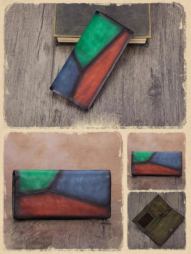 Geometric Womens Leather Long Clutch Wallet Long Wallet Colorful Bifold Long Purse for Ladies