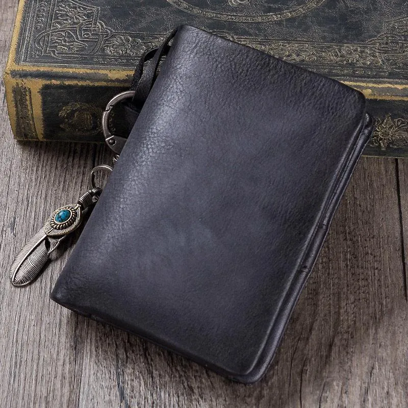 Gray Mens SMall Leather Biker Chain Wallet billfold Wallet Small Bifold Wallet for Men