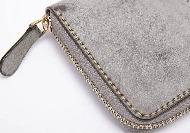 Gray Pink Womens Leather Zipper Long Wallet Phone Long Clutch Wallet for Women