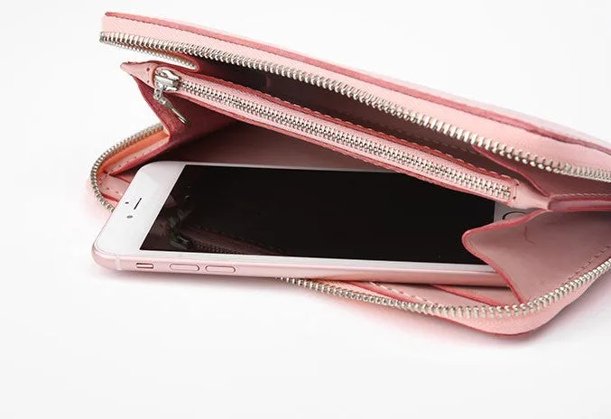 Gray Pink Womens Leather Zipper Long Wallet Phone Long Clutch Wallet for Women