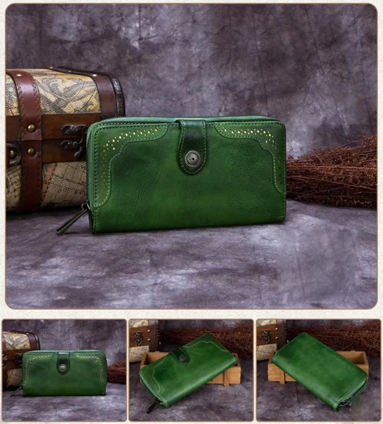 Green Vintage Ladies Leather Zipper Long Wallet Bifold Red Phone Clutch Purse for WOmen