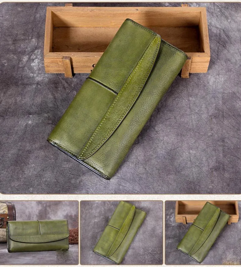 Green Vintage Womens Leather Trifold Long Wallet Purse CLutch Phone Wallet for Ladies