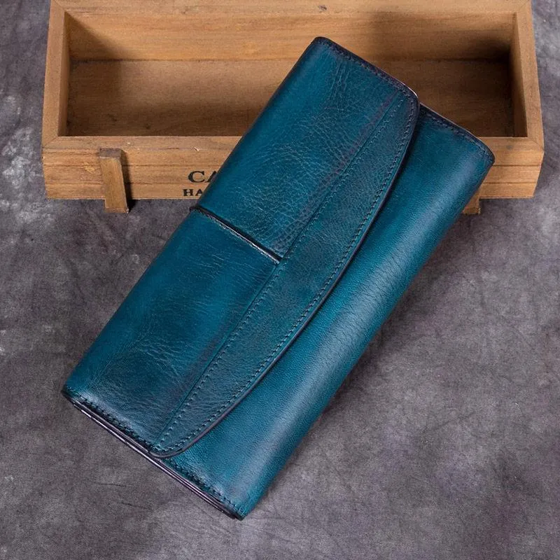 Green Vintage Womens Leather Trifold Long Wallet Purse CLutch Phone Wallet for Ladies