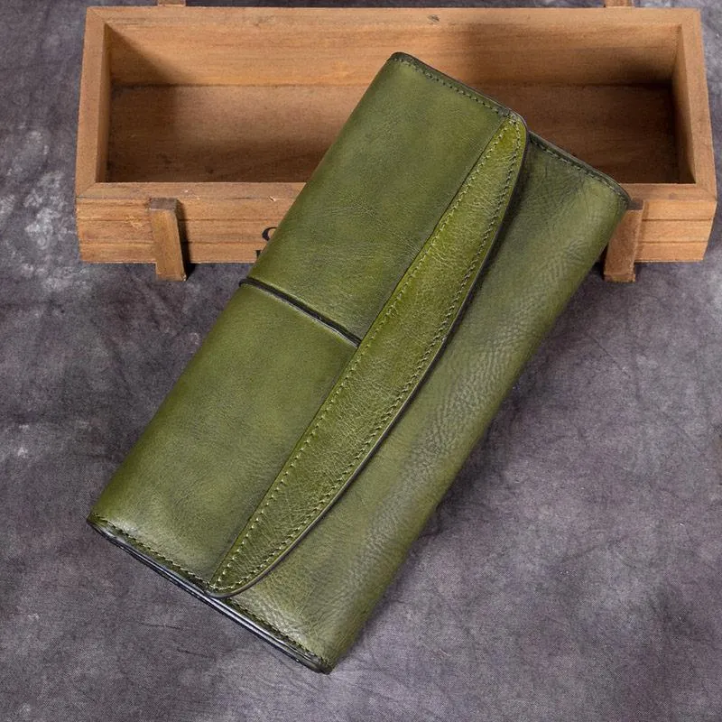 Green Vintage Womens Leather Trifold Long Wallet Purse CLutch Phone Wallet for Ladies