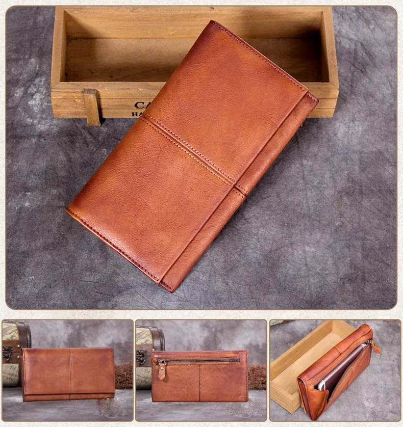 Grey Vintage Mens Bifold Leather Long Wallet Brown Long Phone Clutch Purse for Men