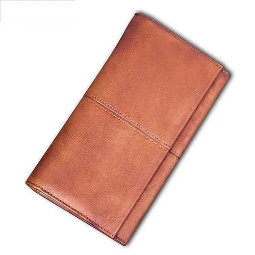 Grey Vintage Mens Bifold Leather Long Wallet Brown Long Phone Clutch Purse for Men