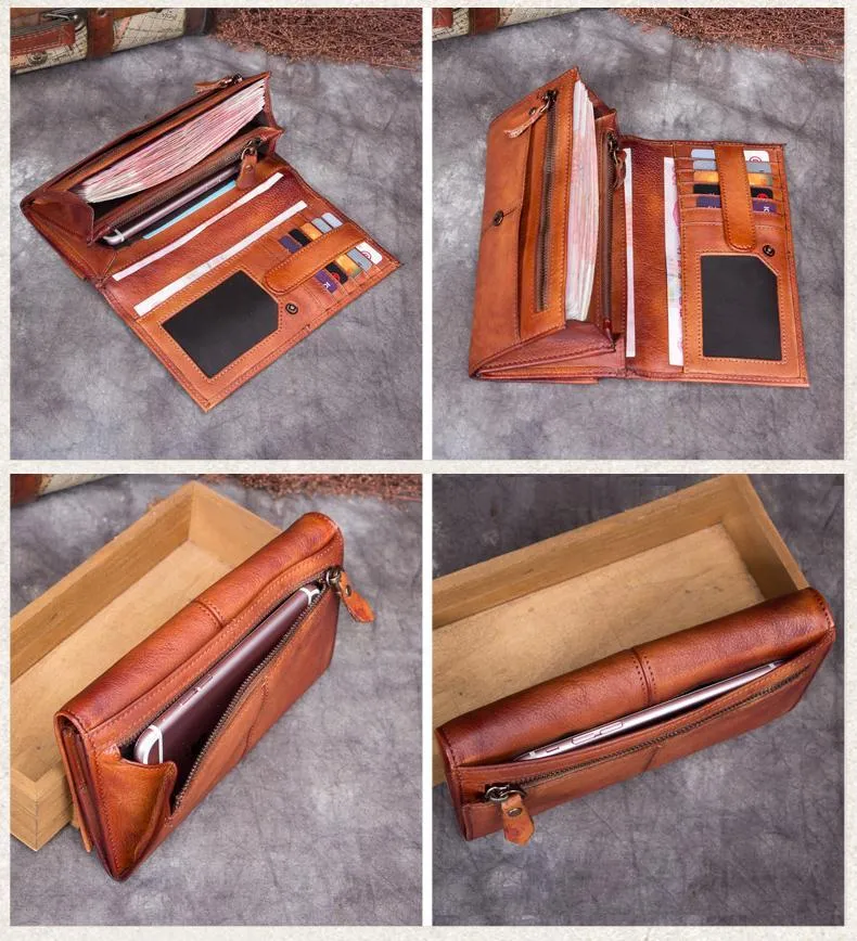 Grey Vintage Mens Bifold Leather Long Wallet Brown Long Phone Clutch Purse for Men