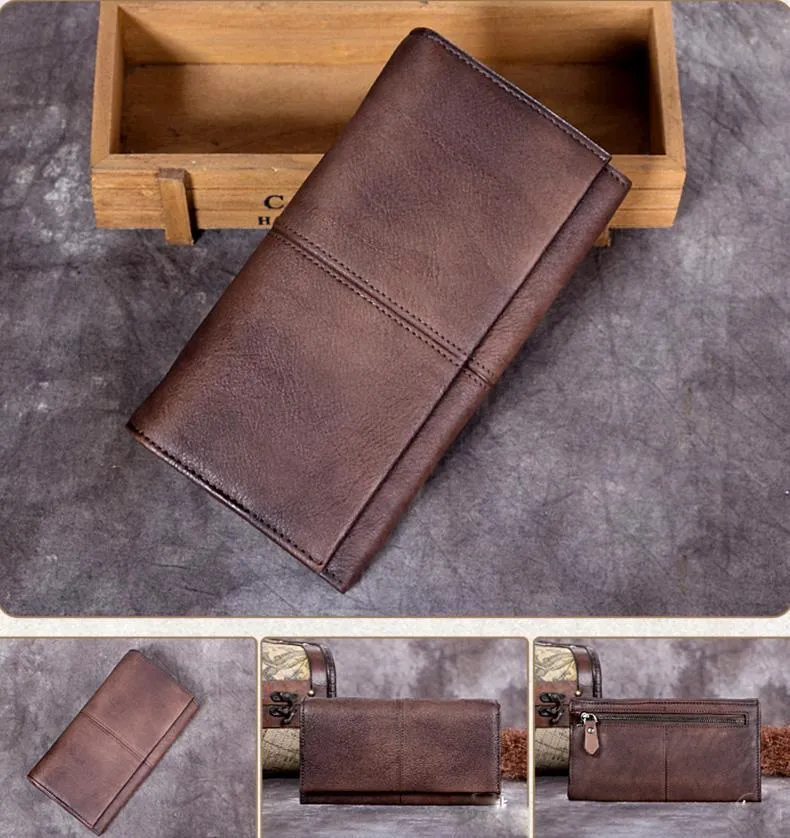 Grey Vintage Mens Bifold Leather Long Wallet Brown Long Phone Clutch Purse for Men