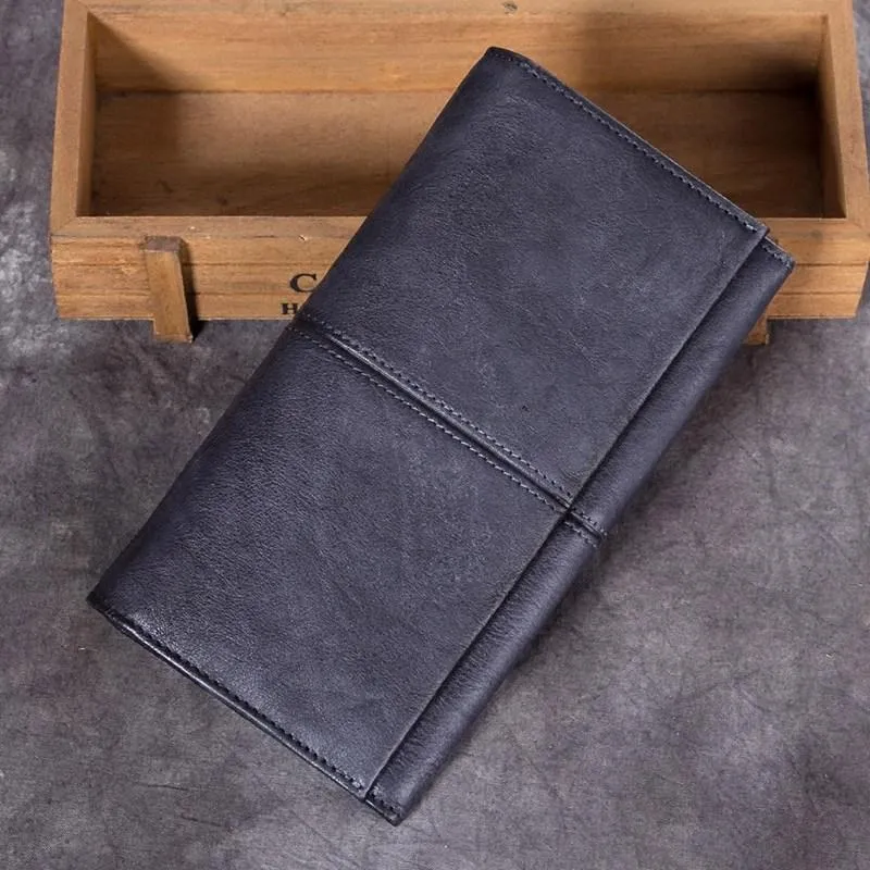Grey Vintage Mens Bifold Leather Long Wallet Brown Long Phone Clutch Purse for Men