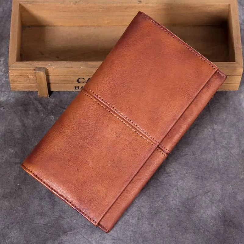 Grey Vintage Mens Bifold Leather Long Wallet Brown Long Phone Clutch Purse for Men