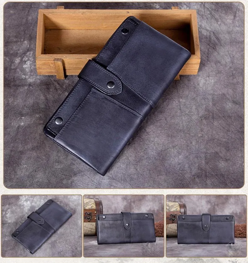 Grey Vintage Mens Leather Bifold Long Wallet Brown Phone Clutch Purse for Men