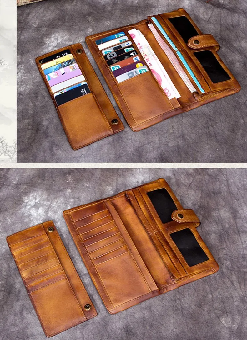 Grey Vintage Mens Leather Bifold Long Wallet Brown Phone Clutch Purse for Men