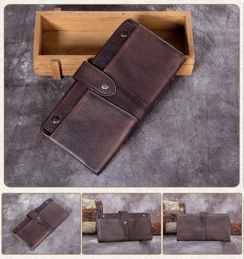 Grey Vintage Mens Leather Bifold Long Wallet Brown Phone Clutch Purse for Men