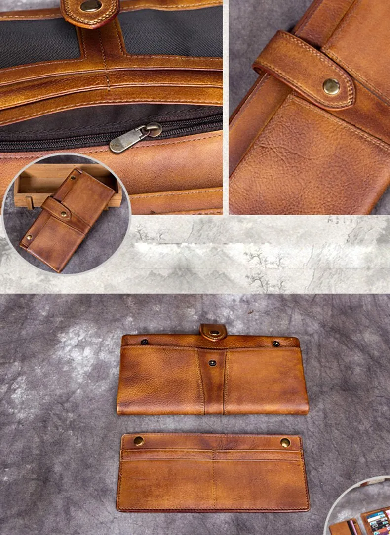 Grey Vintage Mens Leather Bifold Long Wallet Brown Phone Clutch Purse for Men