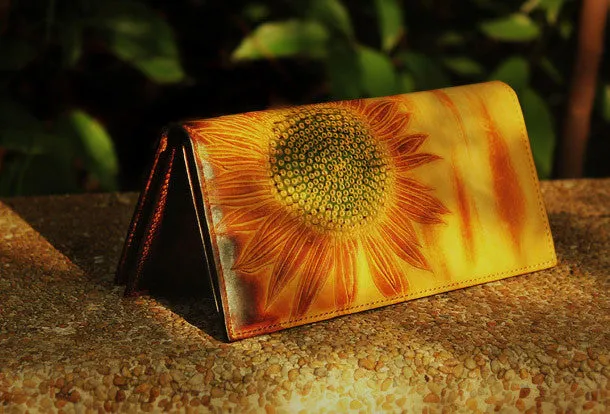 Handcraft vintage distress floral leather hand dyed long wallet for women girl lady