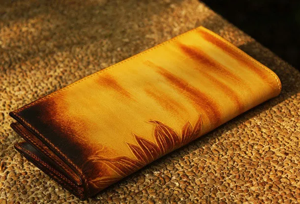 Handcraft vintage distress floral leather hand dyed long wallet for women girl lady