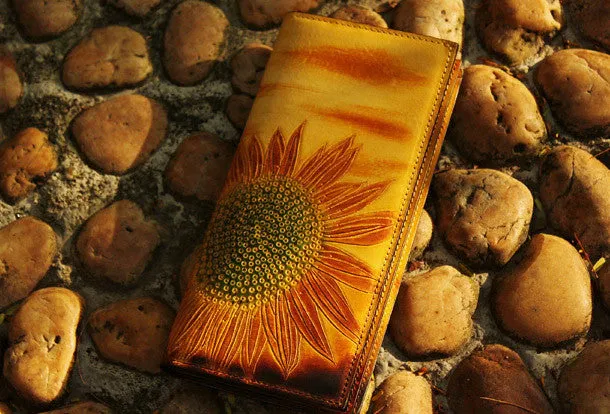 Handcraft vintage distress floral leather hand dyed long wallet for women girl lady