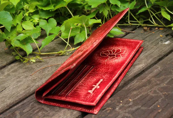 Handcraft vintage distress floral leather hand dyed long wallet for women