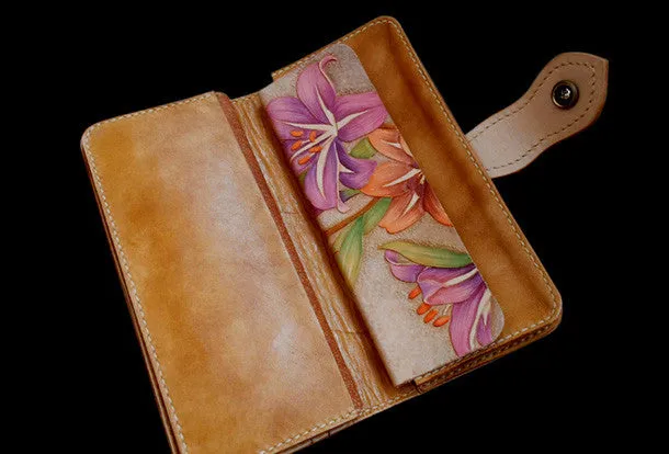 Handcraft vintage hand painting carved lily flower leather long wallet for women