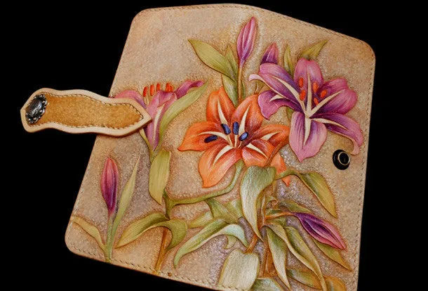 Handcraft vintage hand painting carved lily flower leather long wallet for women