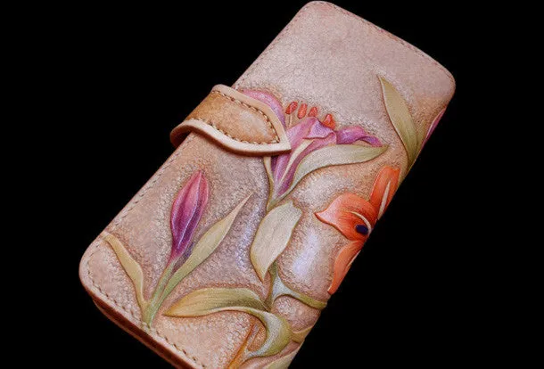 Handcraft vintage hand painting carved lily flower leather long wallet for women