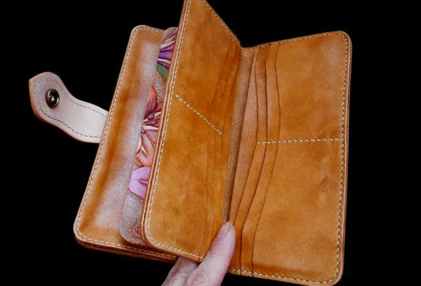 Handcraft vintage hand painting carved lily flower leather long wallet for women