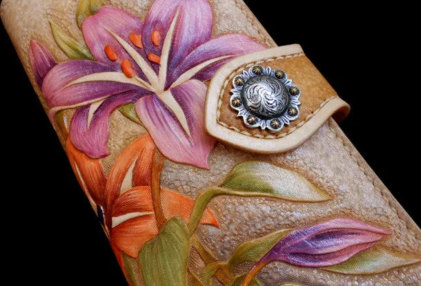 Handcraft vintage hand painting carved lily flower leather long wallet for women
