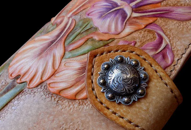 Handcraft vintage hand painting Irises flower leather long wallet for women