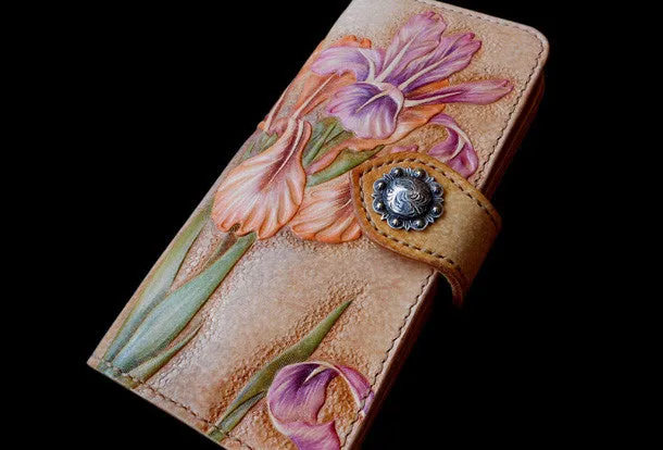 Handcraft vintage hand painting Irises flower leather long wallet for women
