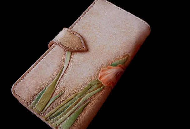 Handcraft vintage hand painting Irises flower leather long wallet for women