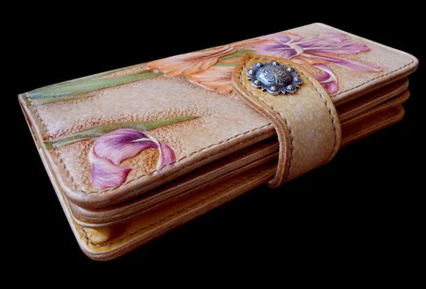 Handcraft vintage hand painting Irises flower leather long wallet for women